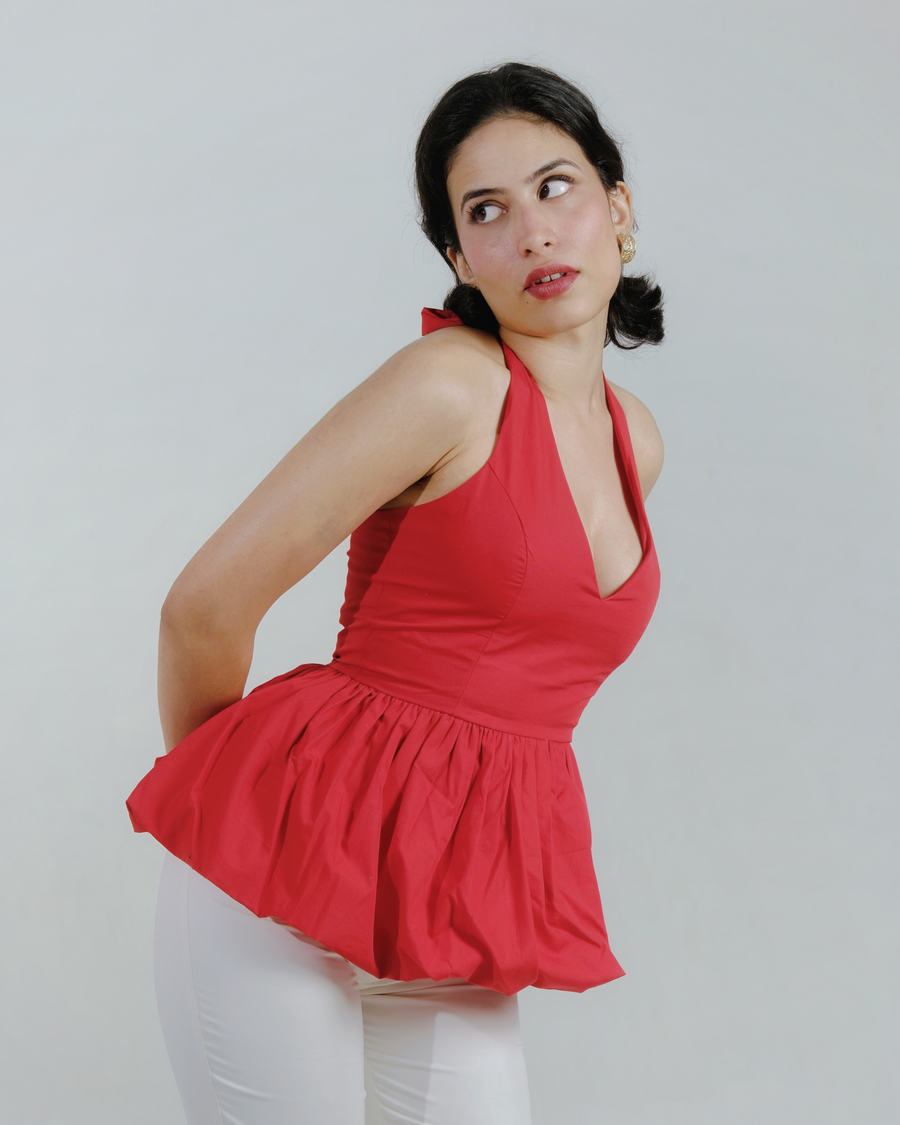 Halter Neck Peplum Top (Red)