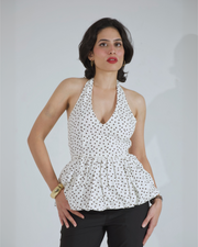 Halter Neck Peplum Top (White Polka)