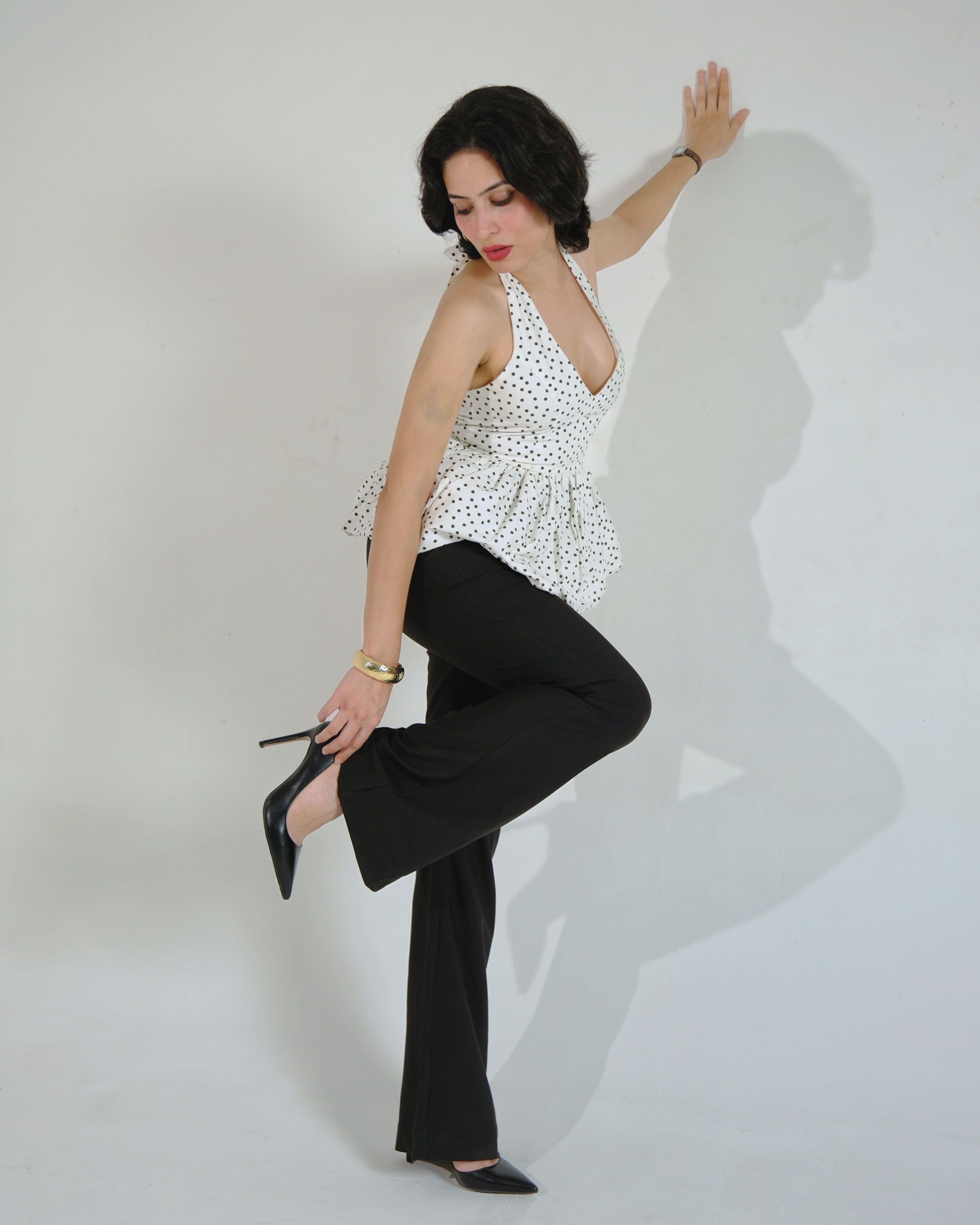 Halter Neck Peplum Top (White Polka)
