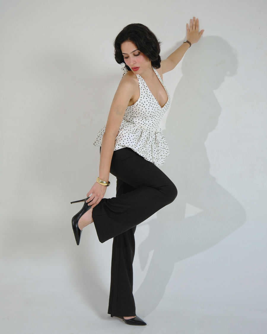 Halter Neck Peplum Top (White Polka)