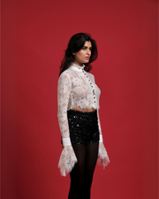 AFTER HOUR CO-ORD white sheer lace top and black sequin shorts – side view – YUMIS