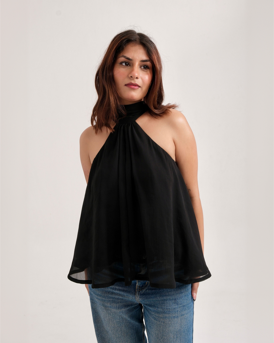 CAMILLE CLASSIC black chiffon halter neck top with back tie – three-quarter view – YUMIS