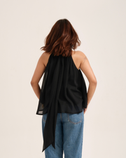 CAMILLE CLASSIC black chiffon halter top showing back tie and drape – back view – YUMIS