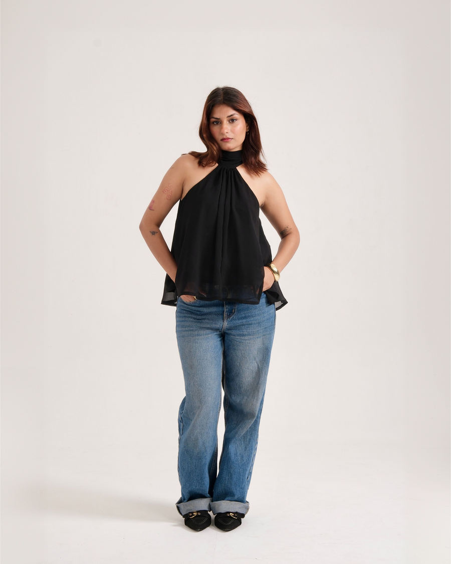 CAMILLE CLASSIC black chiffon halter neck top – front view – YUMIS