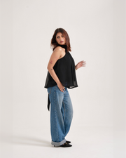 CAMILLE CLASSIC black chiffon gathered halter top – side view – YUMIS