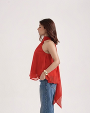 CAMILLE CLASSIC red chiffon halter top showing back tie and drape – side view – YUMIS