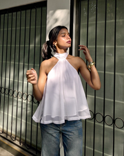 CAMILLE CLASSIC white chiffon halter neck top – front view – YUMIS