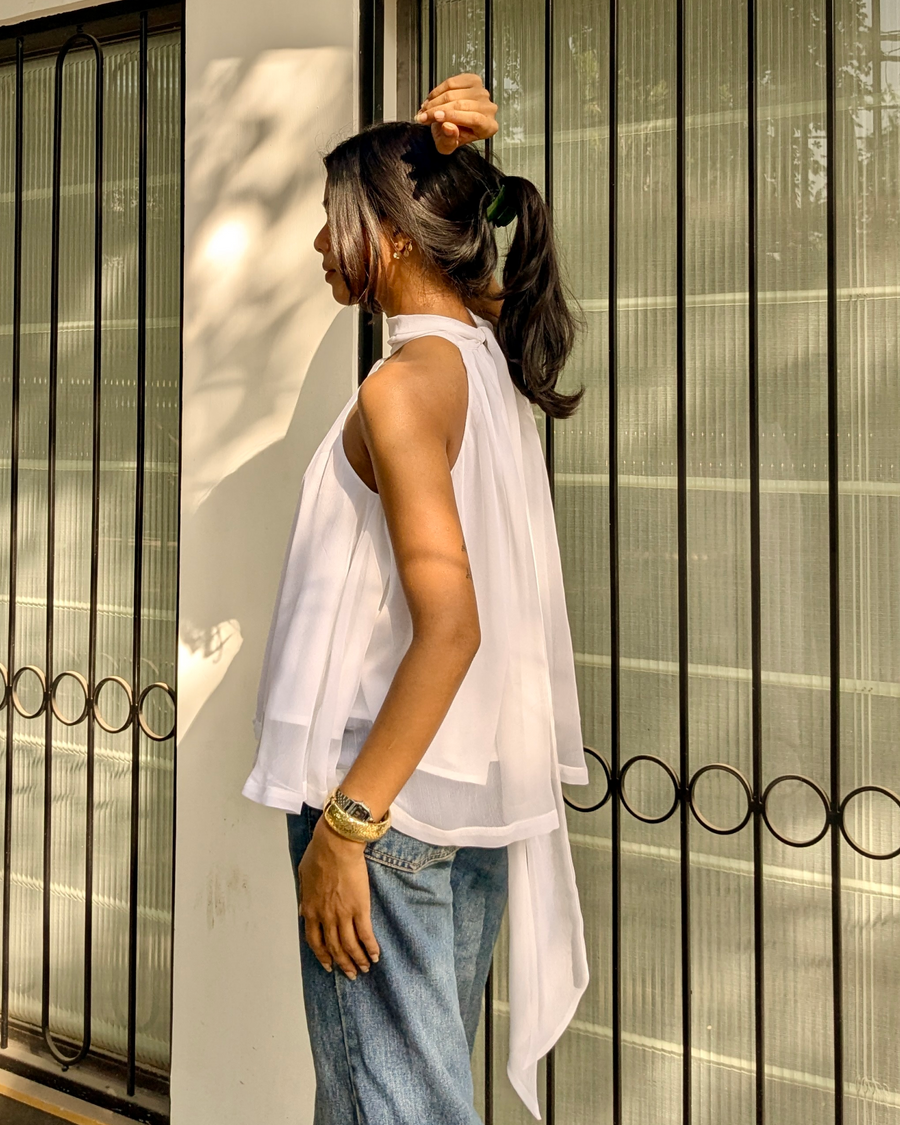 CAMILLE CLASSIC white chiffon halter top showing back tie and drape – side view – YUMIS