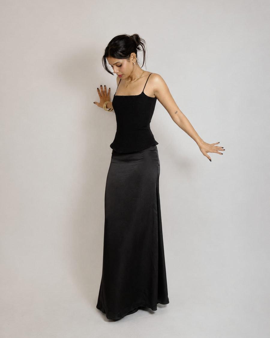 Classic Long Satin Skirt (Black)