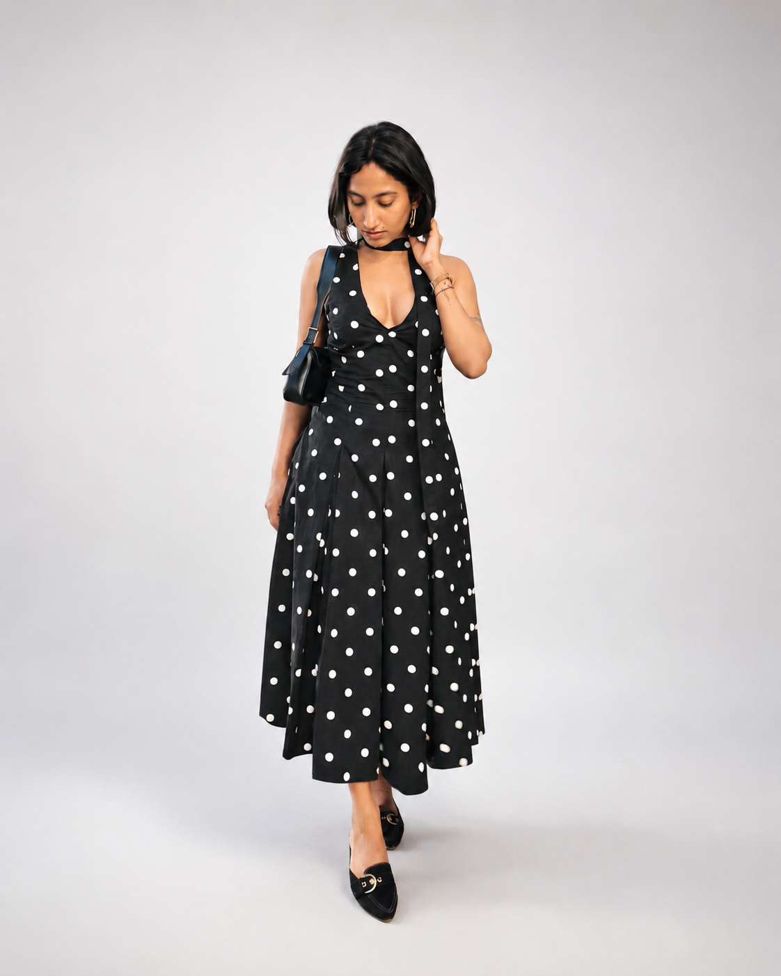 Black polka dot halter midi dress – DOMINADOT by YUMIS