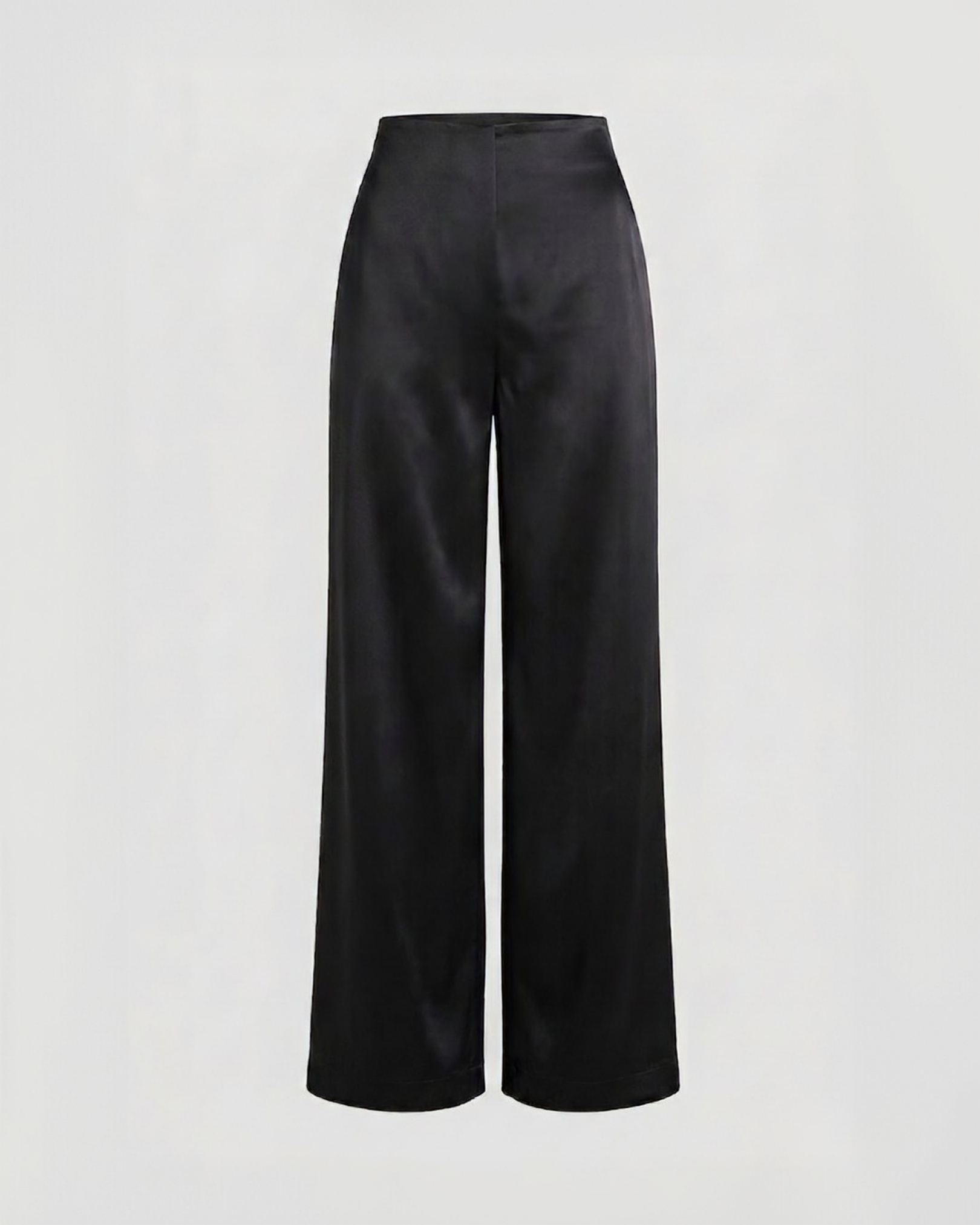 MUSE PANT black high-waist straight-leg satin trouser – flat view – YUMIS