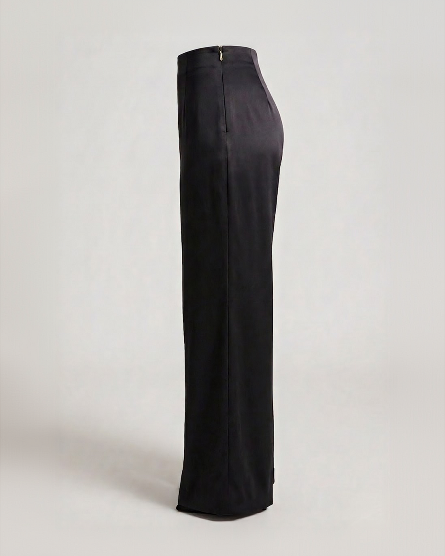 MUSE PANT black satin high-waist trouser and side zip – side view – YUMIS