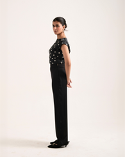 POLKAMUSE black polka dot satin co-ord set – side view – YUMIS
