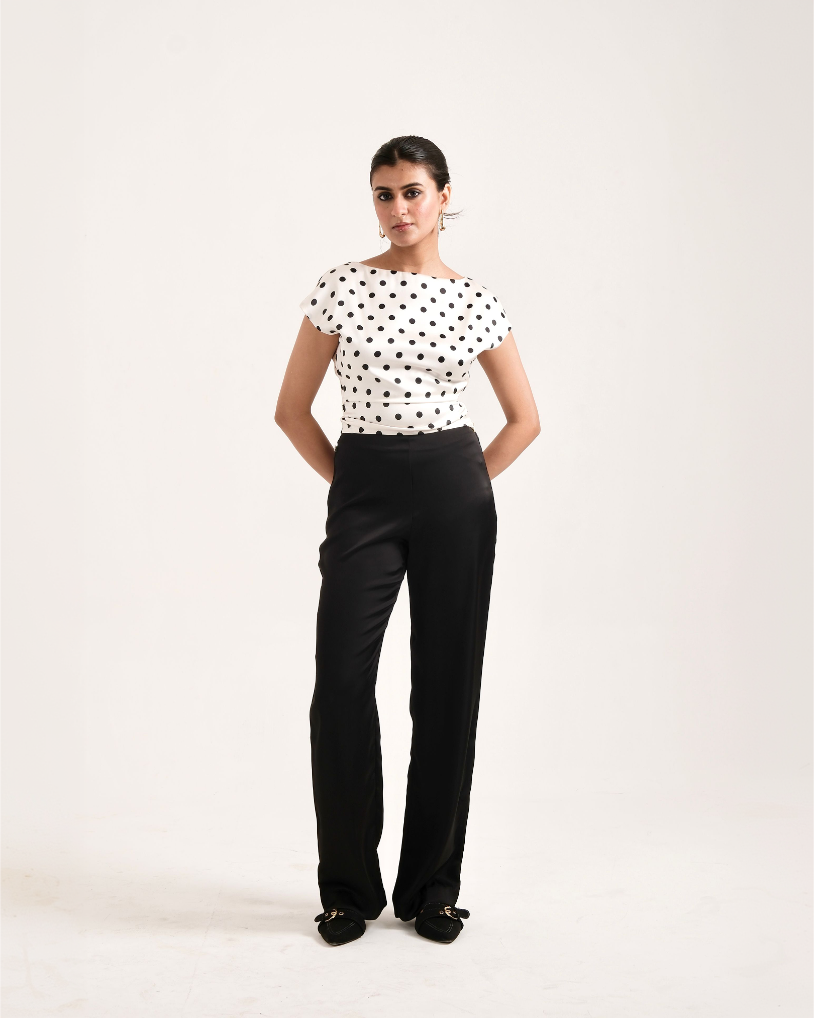 POLKAMUSE ivory polka dot satin co-ord set – full front view – YUMIS