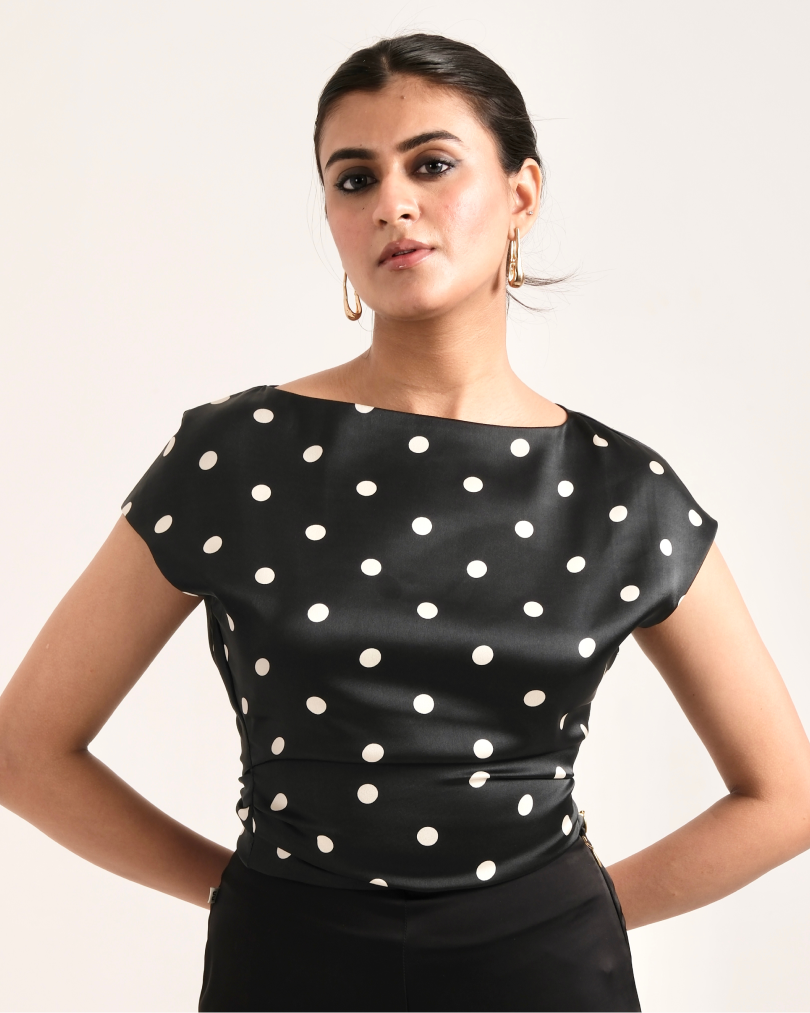 POLKAMUSE black polka dot satin boat-neck top – front view on model – YUMIS