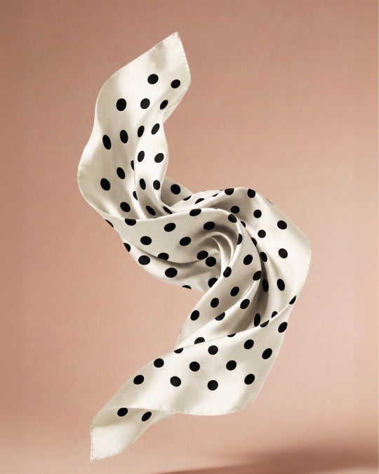 Ivory polka dot satin bandana worn as a headscarf – YUMIS
