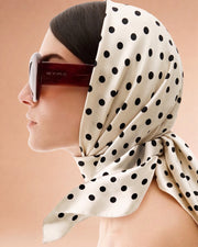 Ivory polka dot satin bandana worn as a headscarf – YUMIS