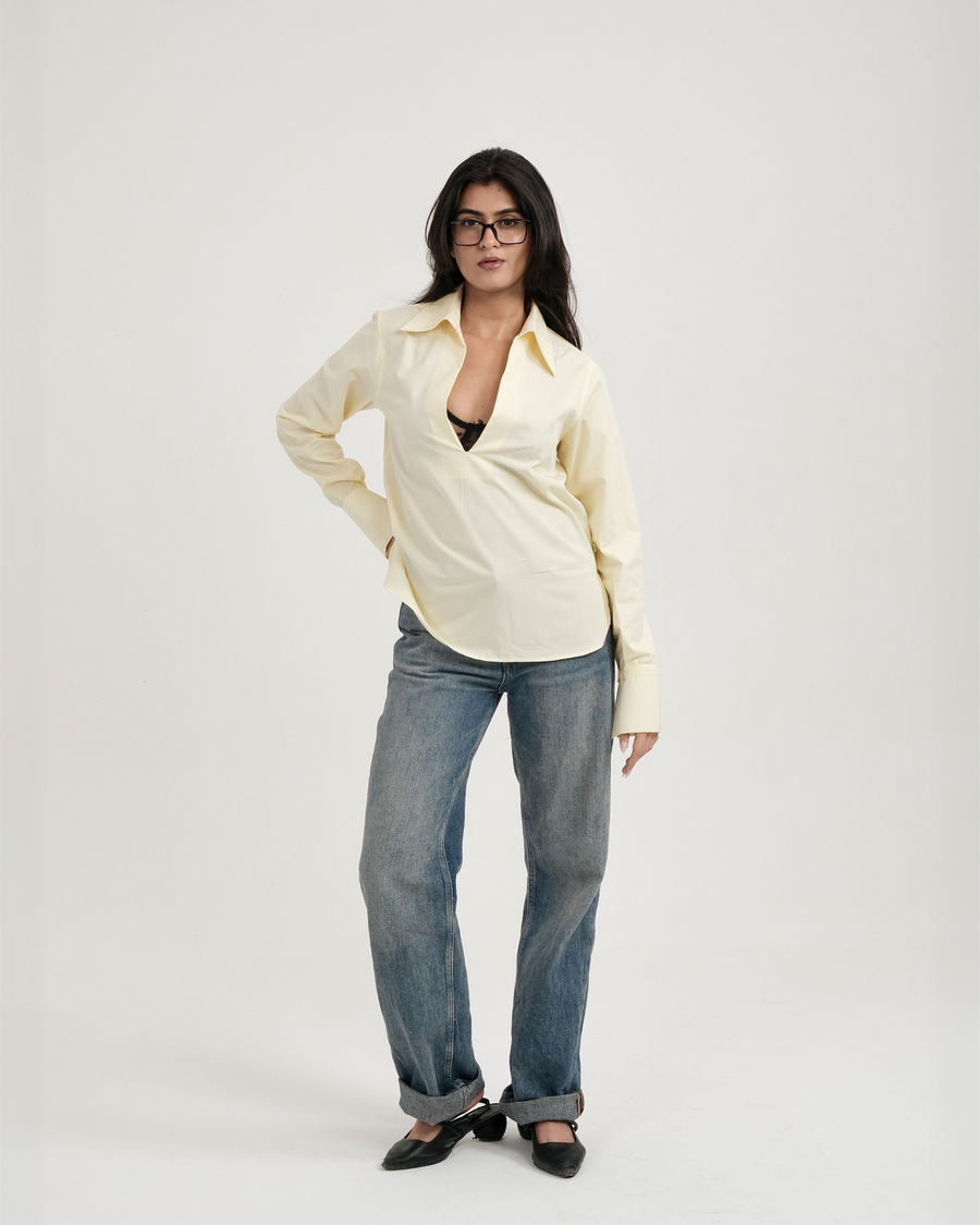 POPOVER SHIRT butter yellow cotton poplin shirt with open V neck – front view – YUMIS
