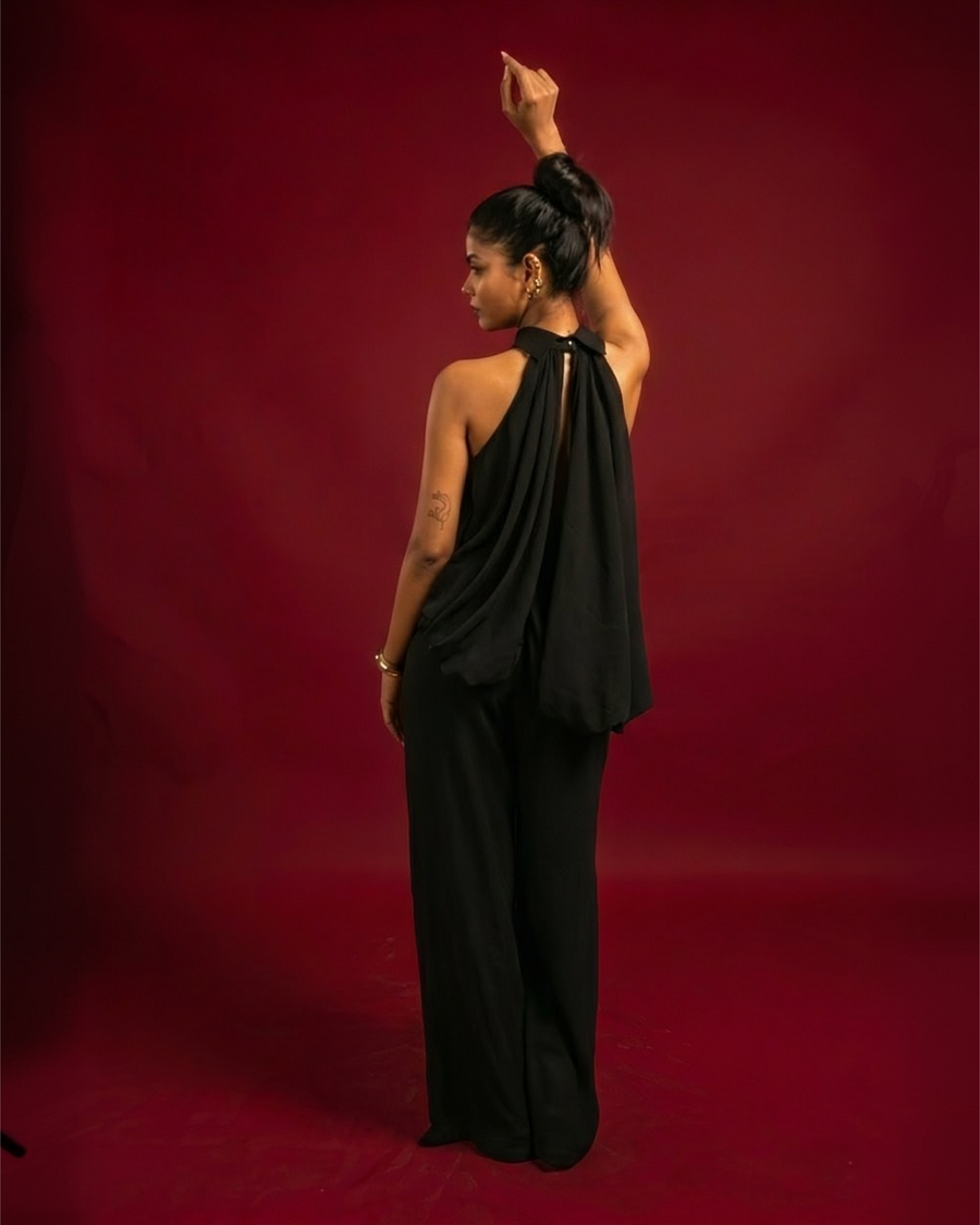 WHISPER black chiffon jumpsuit showing open back and halter neck – back view – YUMIS