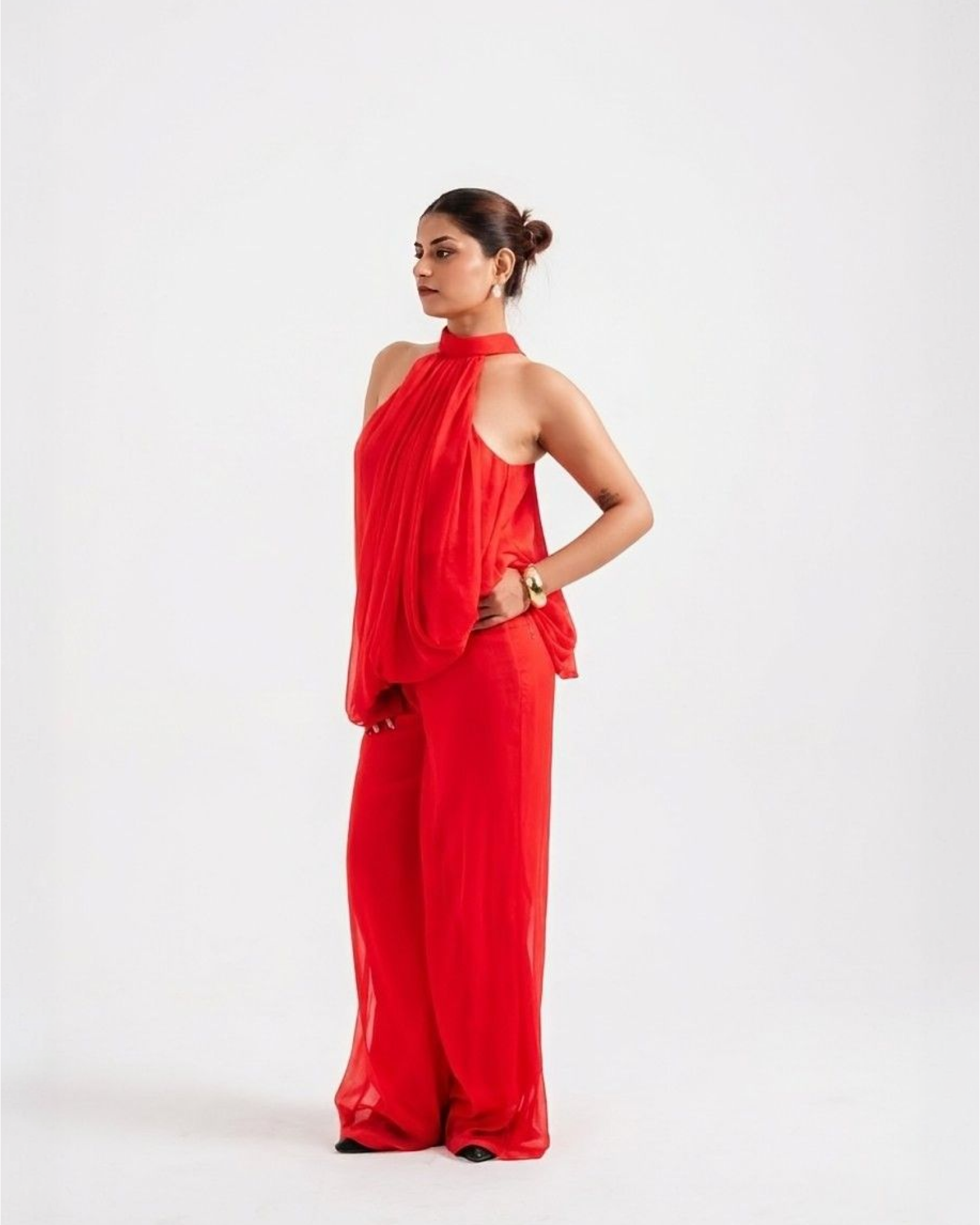 WHISPER red chiffon open-back halter jumpsuit with wide leg – front view – YUMIS