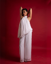 WHISPER white wide-leg chiffon halter jumpsuit with asymmetric drape – full front view – YUMIS